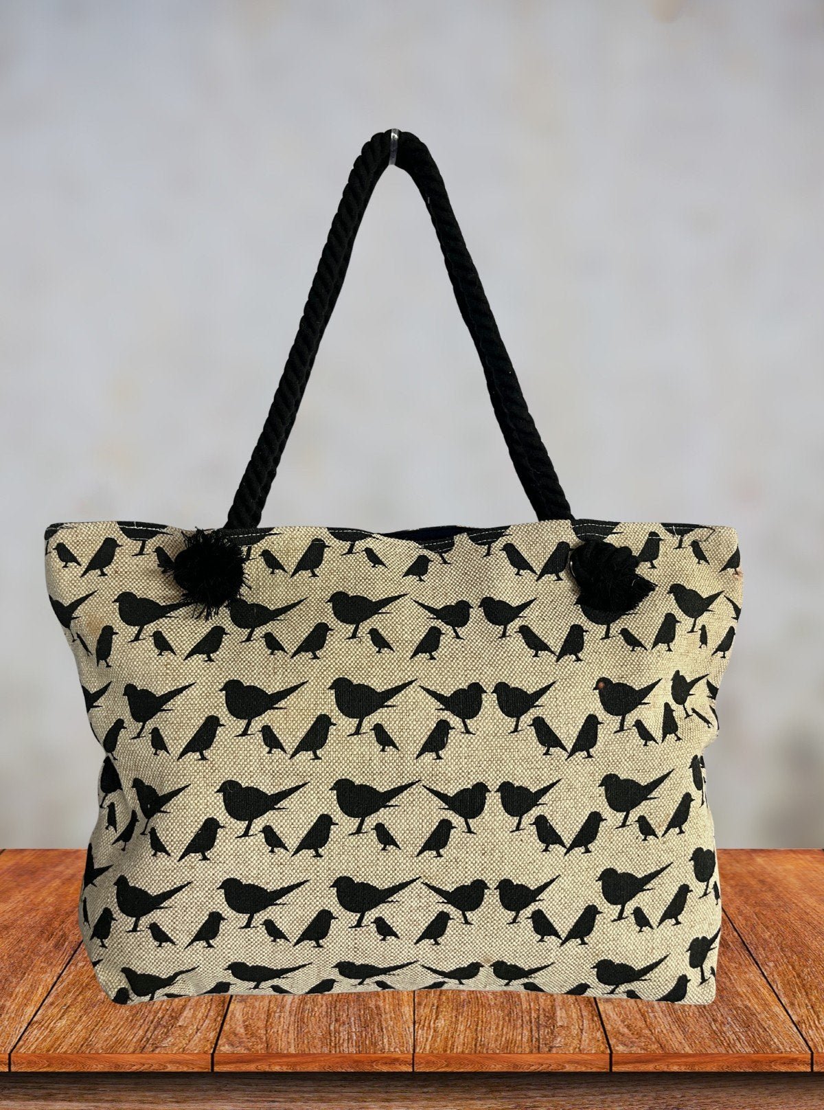 Canvas Bird Printed Cotton Bag with Black Handle – Eco - Friendly Shopping Tote - Boer and Fitch