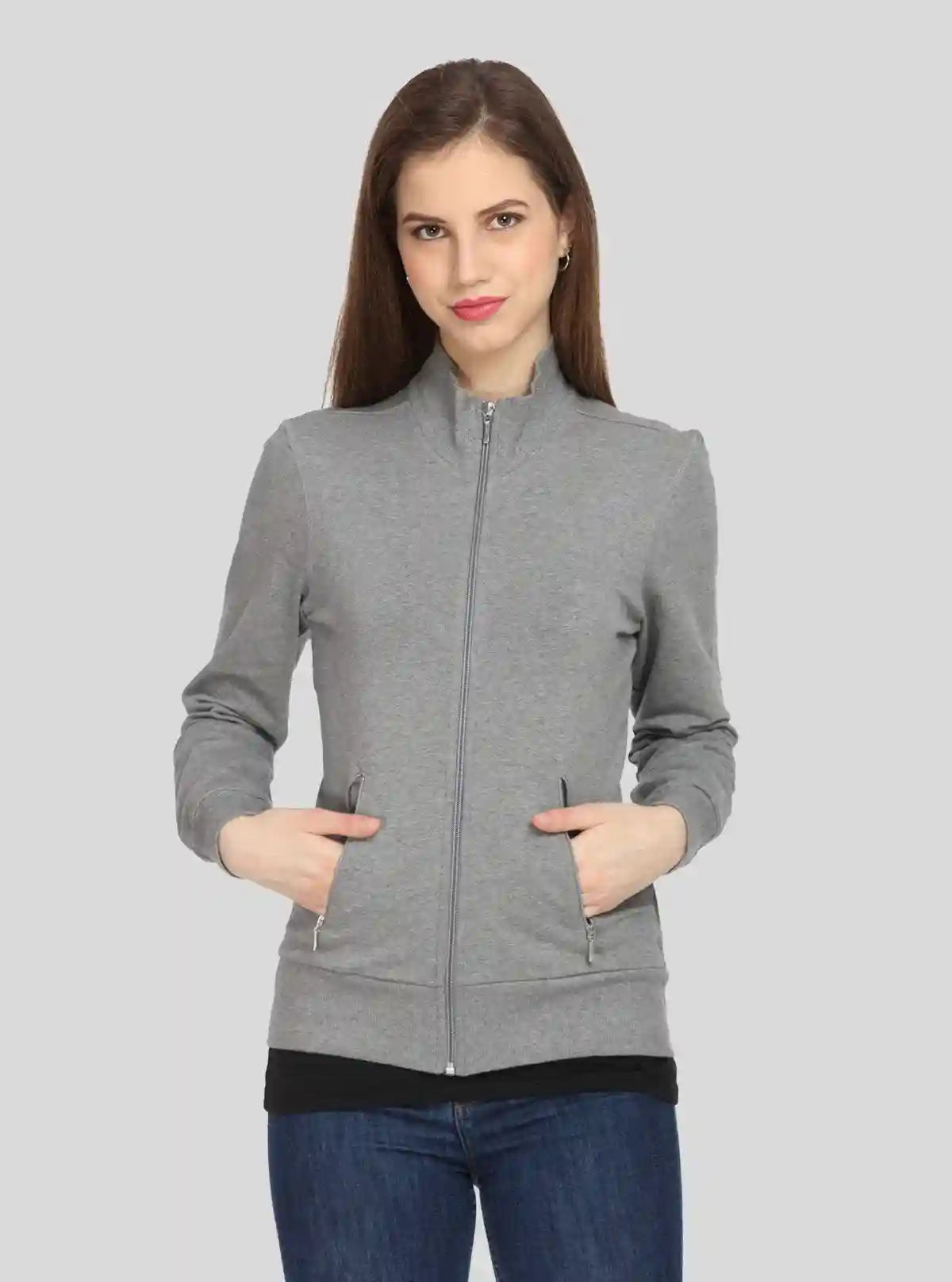 Women’s Charcoal Melange Full Sleeve Zipper Sweatshirt in Cotton Fleece | Buy Online at  Boer and Fitch