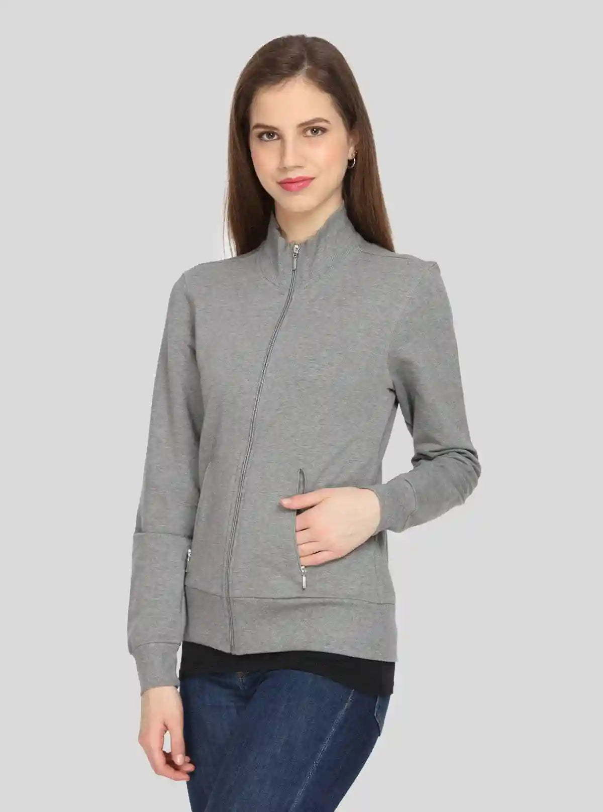 Women’s Charcoal Melange Full Sleeve Zipper Sweatshirt in Cotton Fleece | Buy Online at  Boer and Fitch