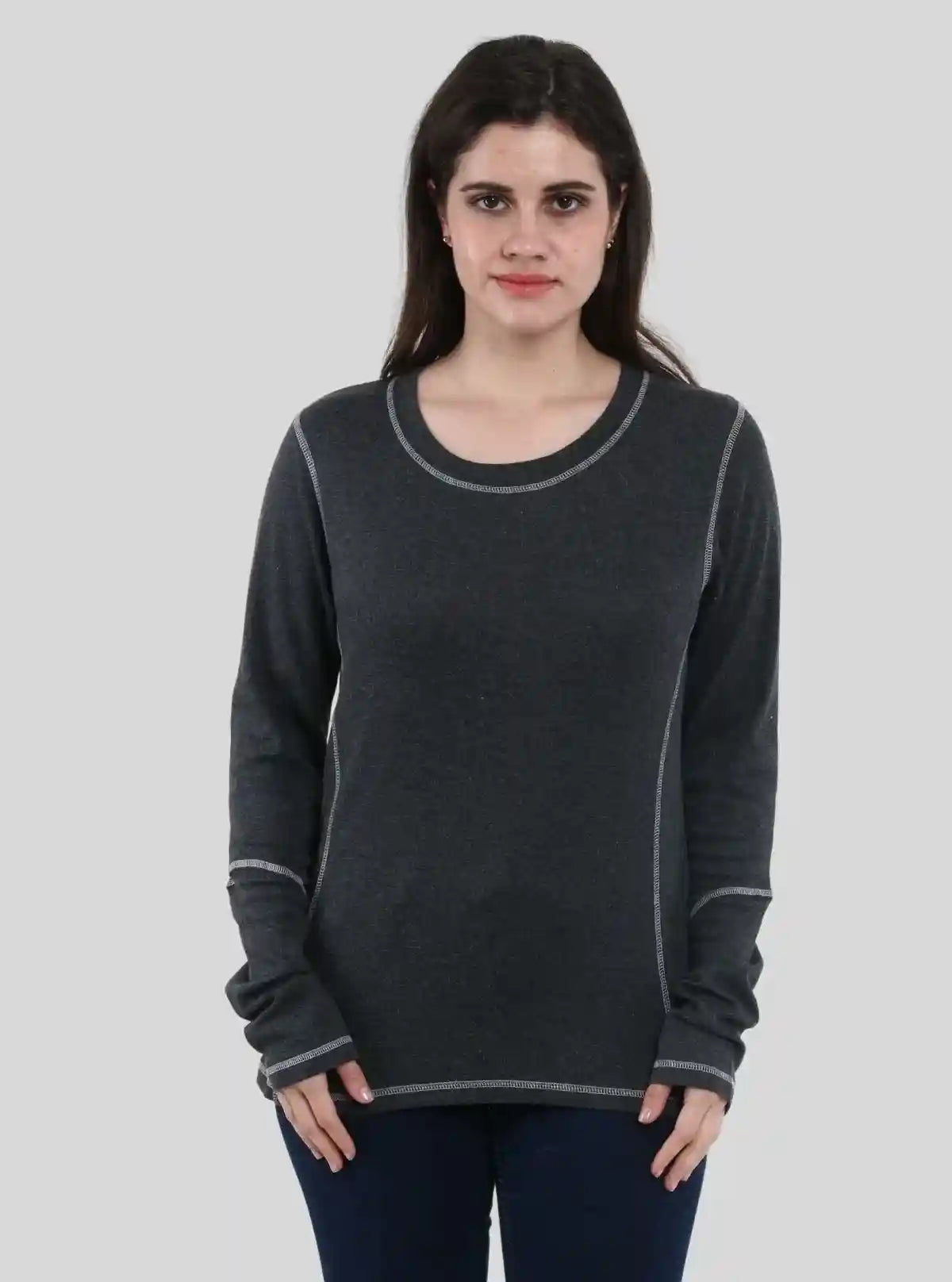 Women's Charcoal Melange Fancy Long Sleeve Ribbed Cotton Top | Buy Online at gep32c-qs.myshopify.com