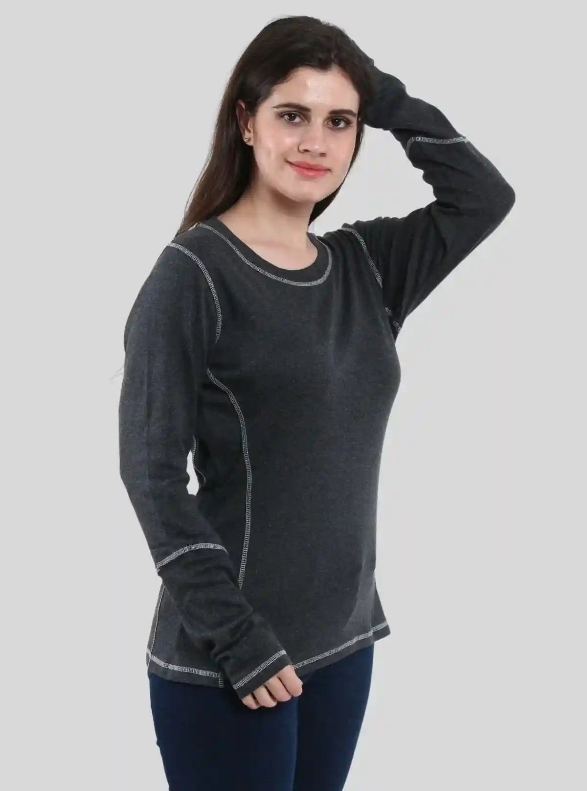 Women's Charcoal Melange Fancy Long Sleeve Ribbed Cotton Top | Buy Online at  Boer and Fitch