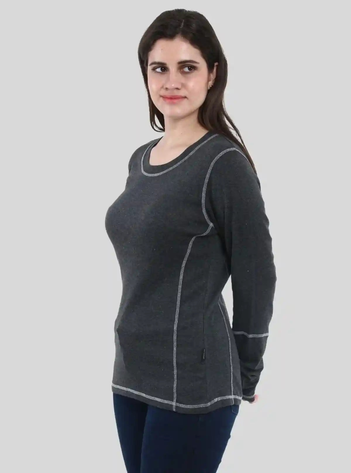 Women's Charcoal Melange Fancy Long Sleeve Ribbed Cotton Top | Buy Online at gep32c-qs.myshopify.com