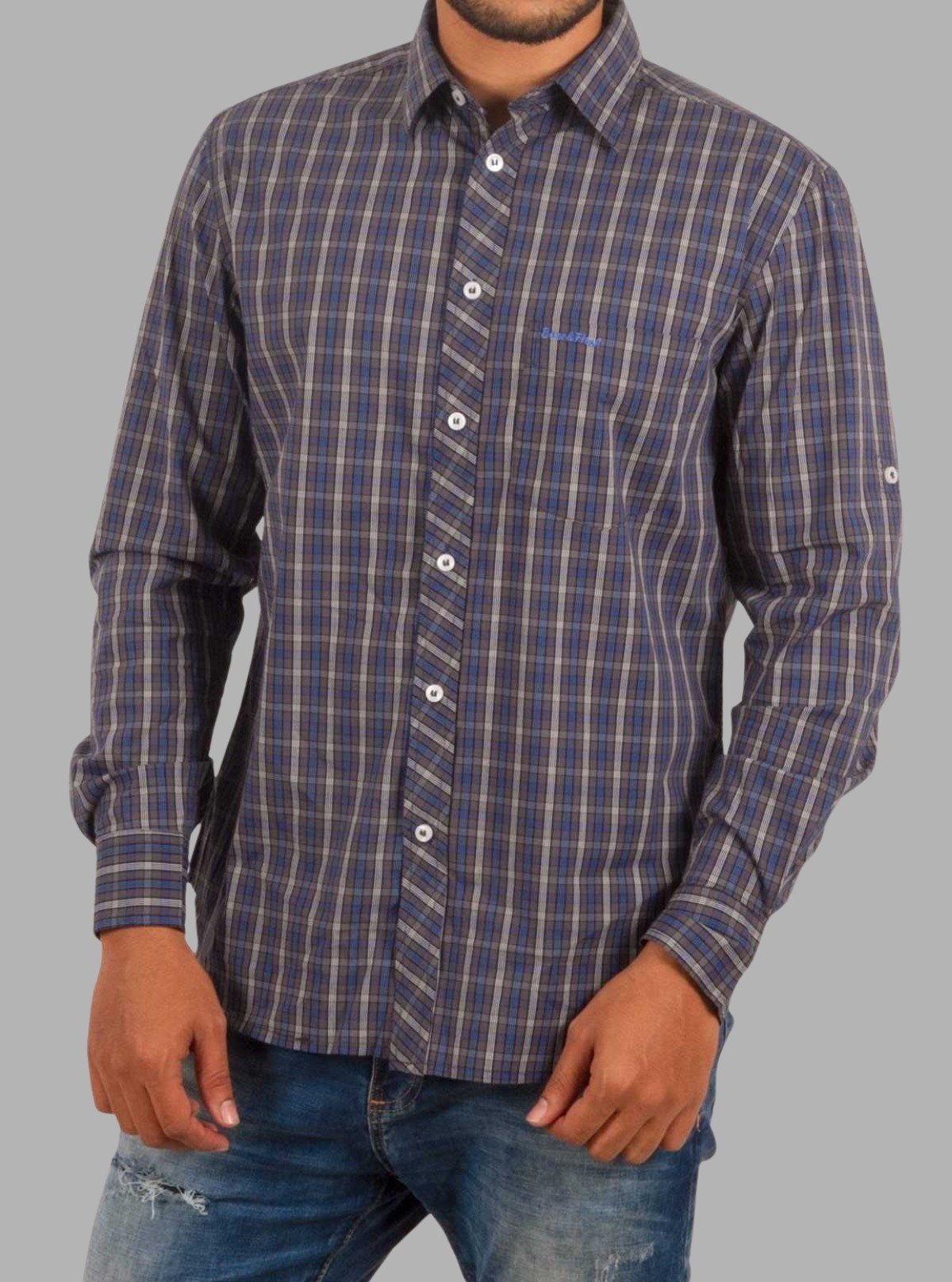 Classic Navy Checked Slim Fit Long Sleeve Shirt for Men – Casual & Smart by Boer and Fitch - Boer and Fitch