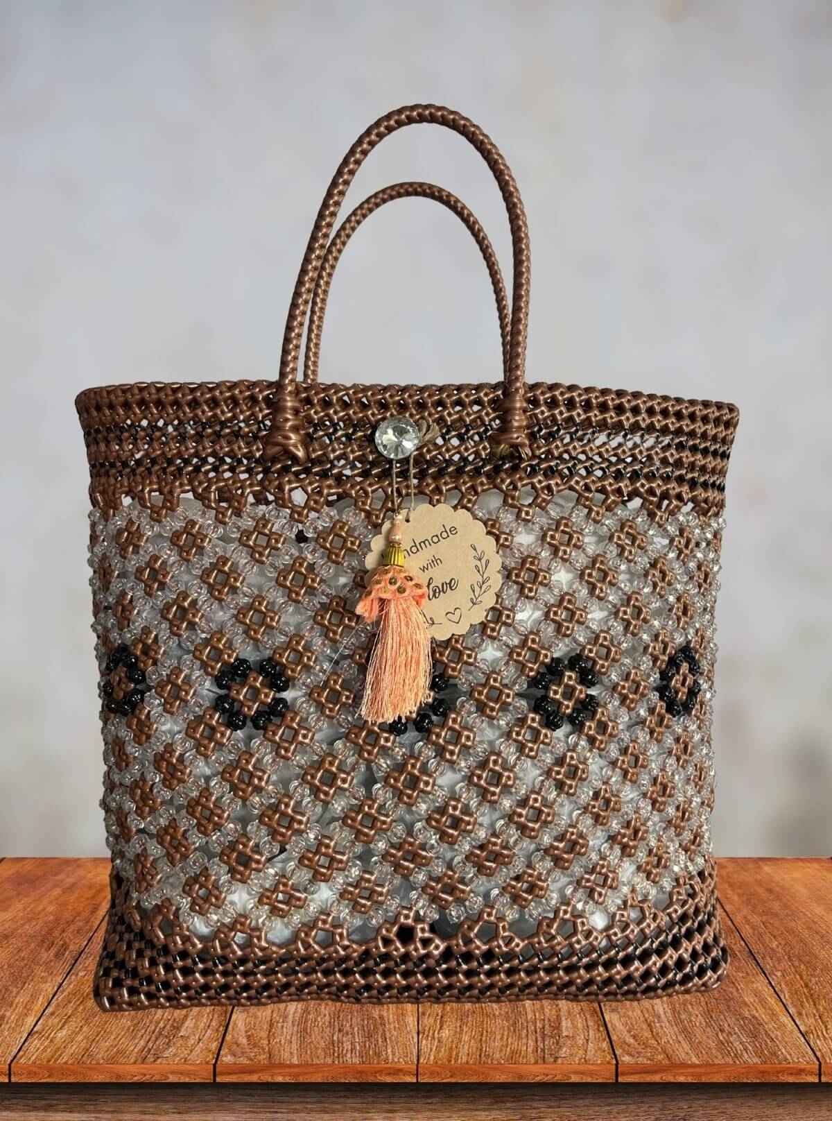 Handmade Brown & Transparent Beaded Tote Bag with Woven Handles and Tassel from Boer and Fitch | Buy Online at gep32c-qs.myshopify.com