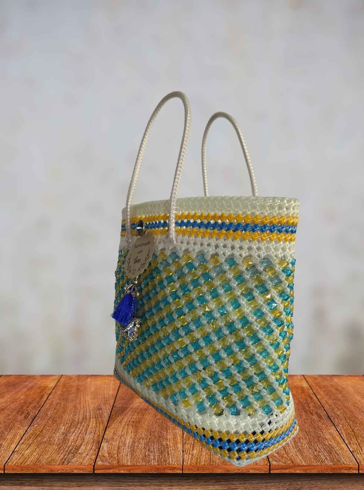 Handmade Multicolor Beaded Tote Bag with White Handles & Tassel Charm from Boer and Fitch | Buy Online at gep32c-qs.myshopify.com