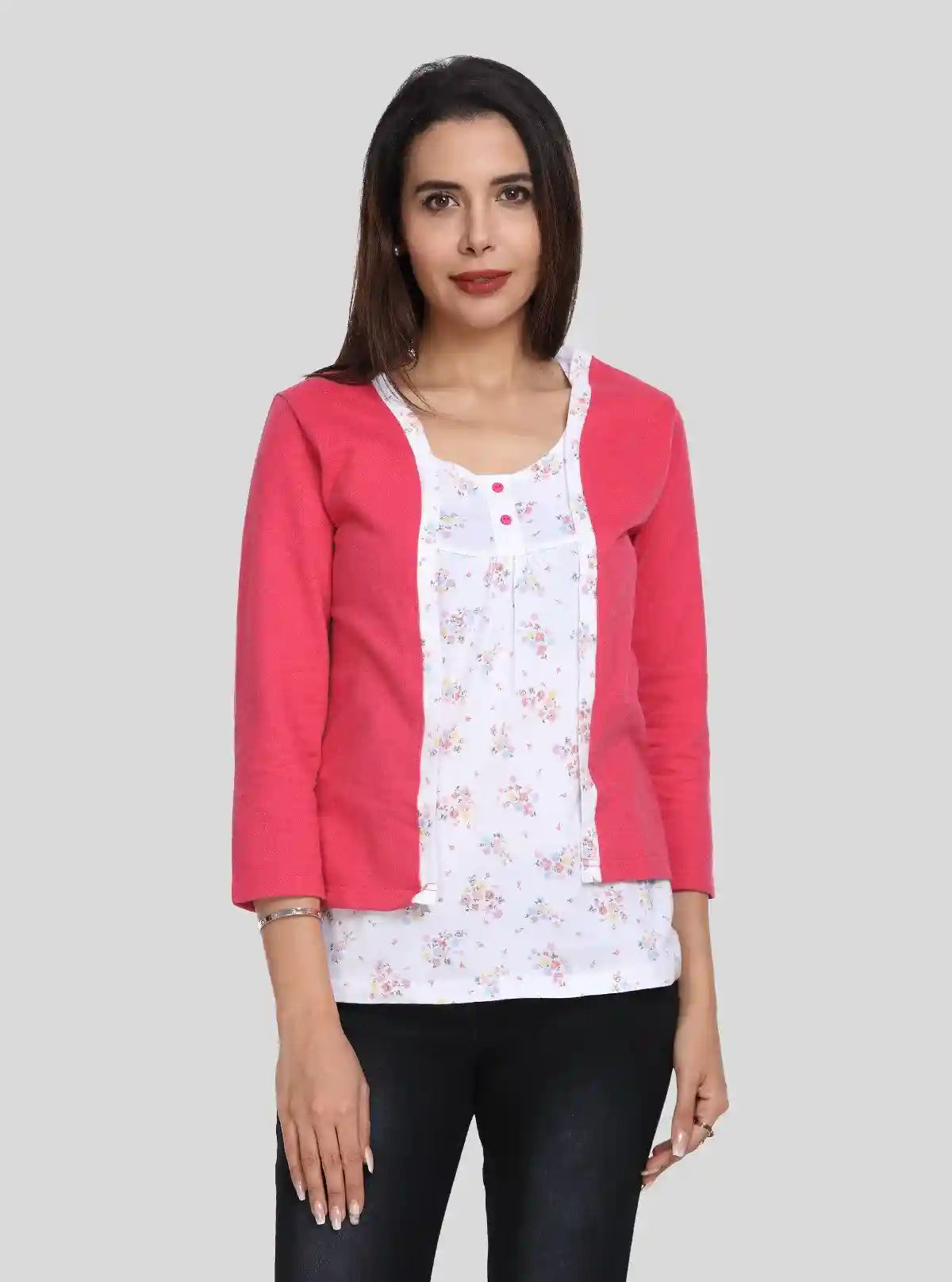 Women's Coral Pink Cotton Shrug with White Floral Inner – Boer and Fitch | Buy Online at  Boer and Fitch