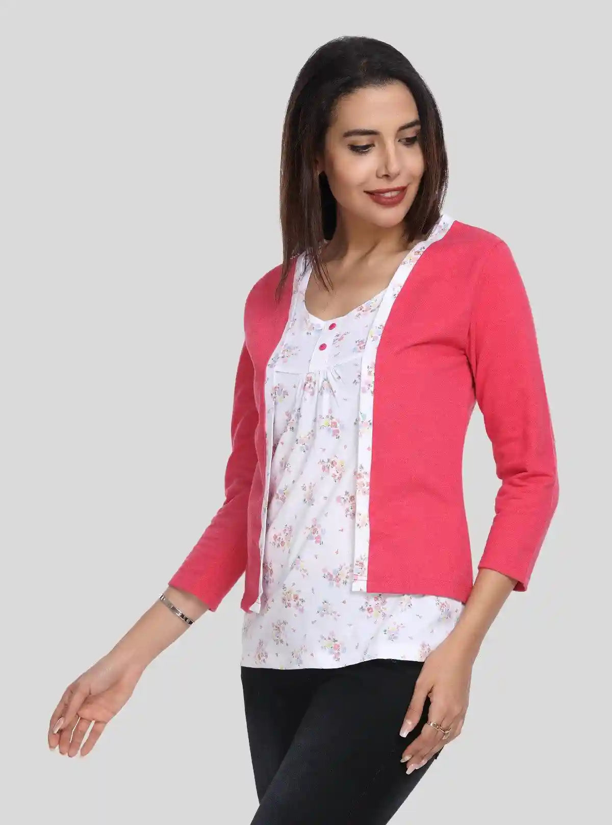 Women's Coral Pink Cotton Shrug with White Floral Inner – Boer and Fitch | Buy Online at  Boer and Fitch