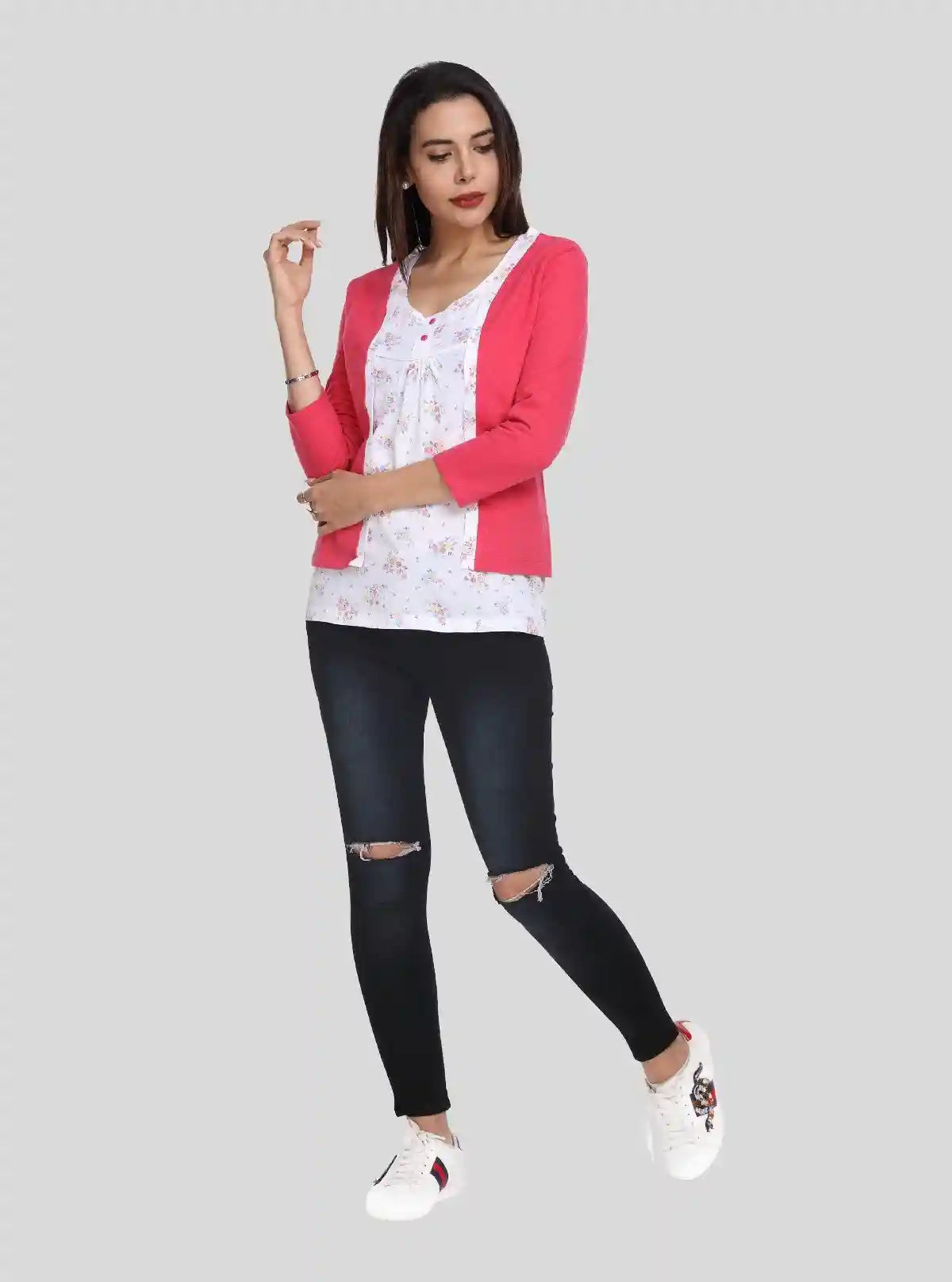 Women's Coral Pink Cotton Shrug with White Floral Inner – Boer and Fitch | Buy Online at  Boer and Fitch
