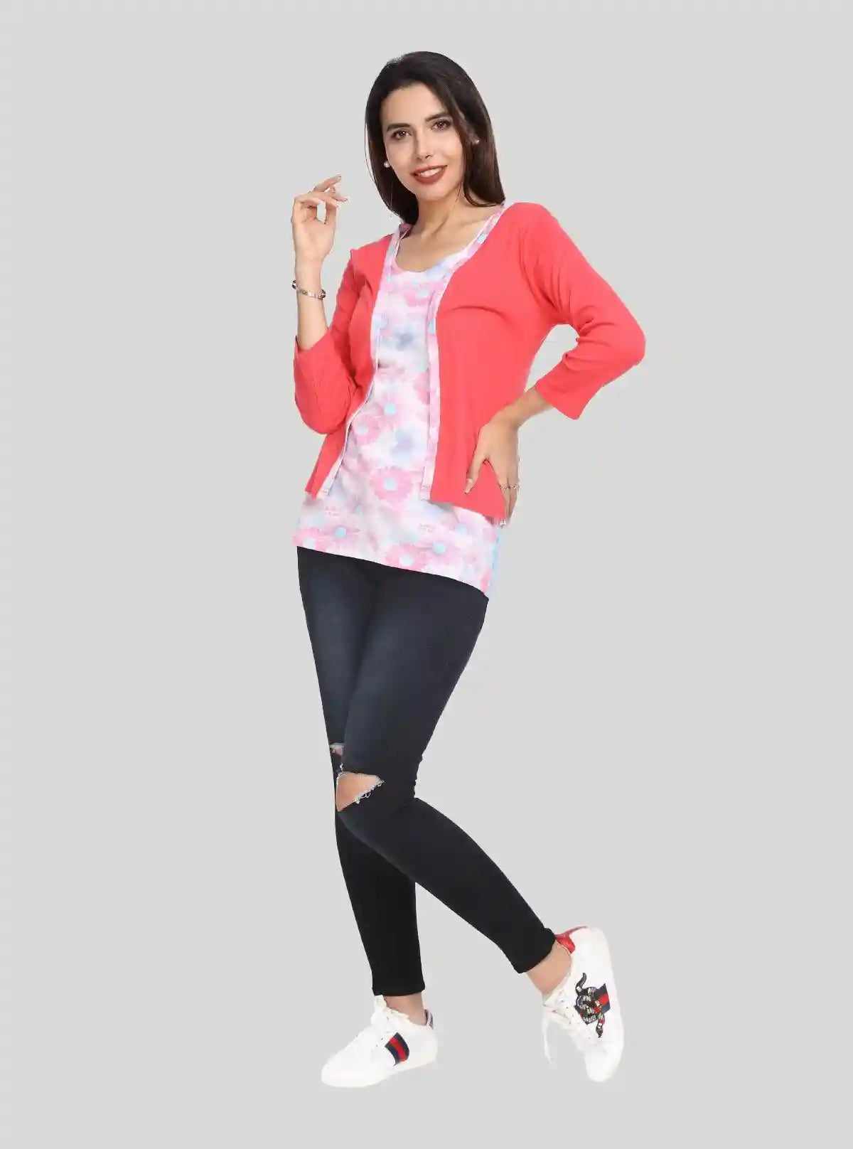 Women's Fuchsia Cotton Shrug with All Over Printed Inner Top | Buy Online at  Boer and Fitch