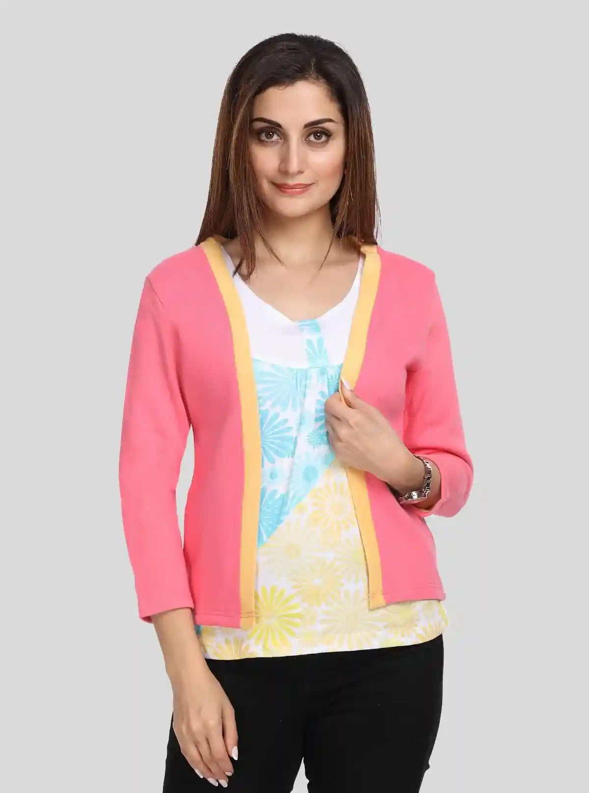 Women's Pink & Yellow Cotton Shrug with Floral Inner – Boer and Fitch | Buy Online at  Boer and Fitch