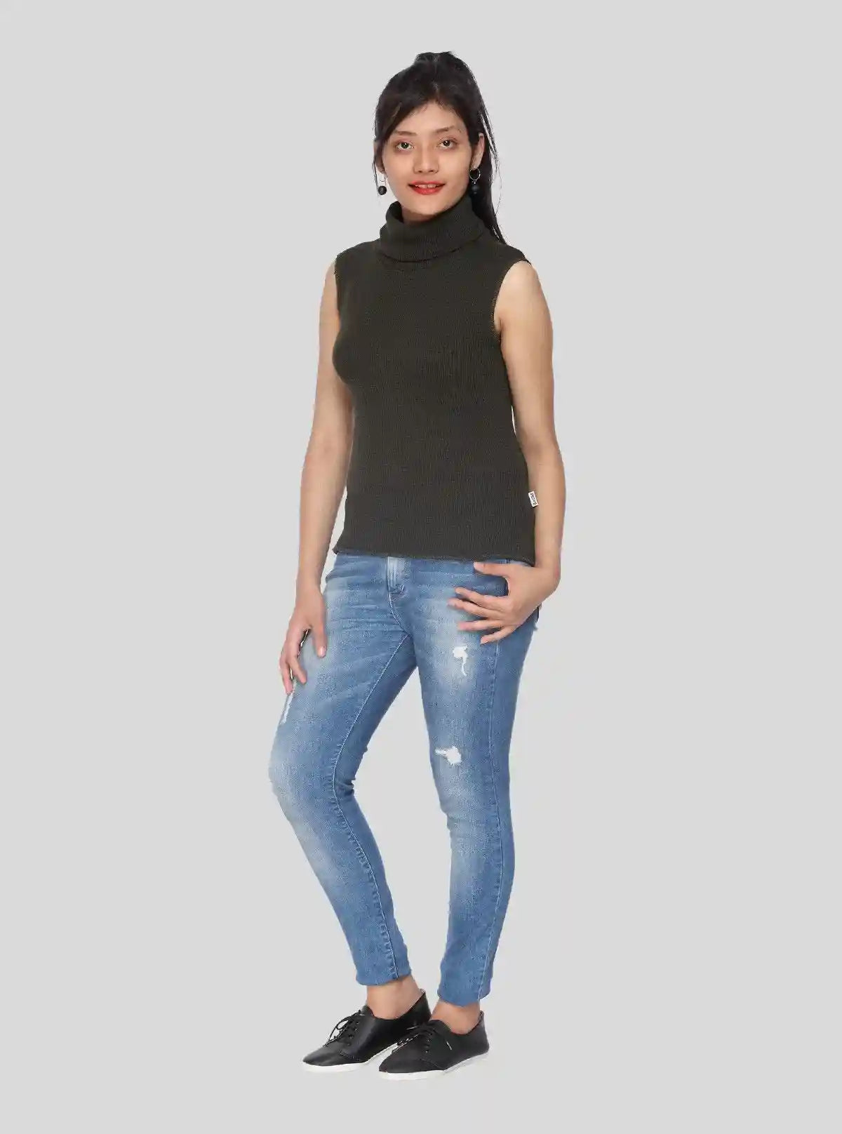 Women’s Black Sleeveless Cotton Ribbed Turtle Neck Top | Buy Online at  Boer and Fitch