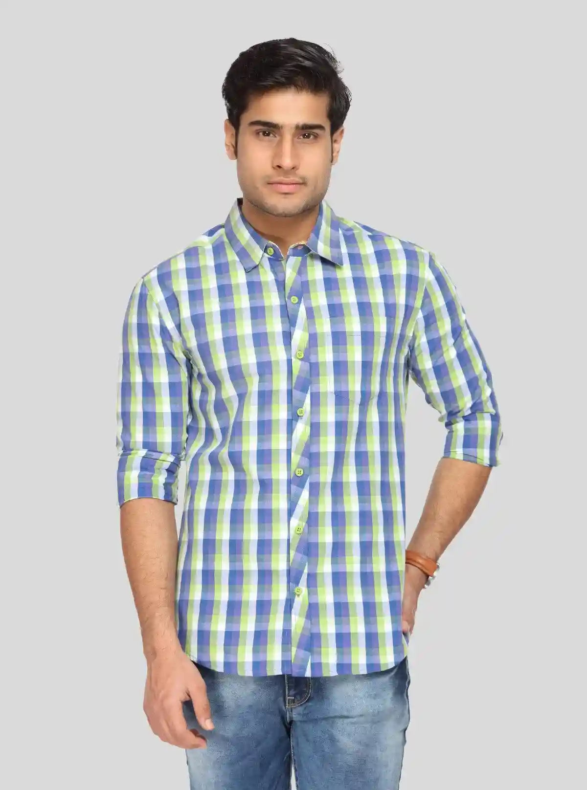 Men’s Green and Blue Checked Slim Fit Full Sleeve Shirt – Stylish Smart Casual by Boer & Fitch | Buy Online at  Boer and Fitch