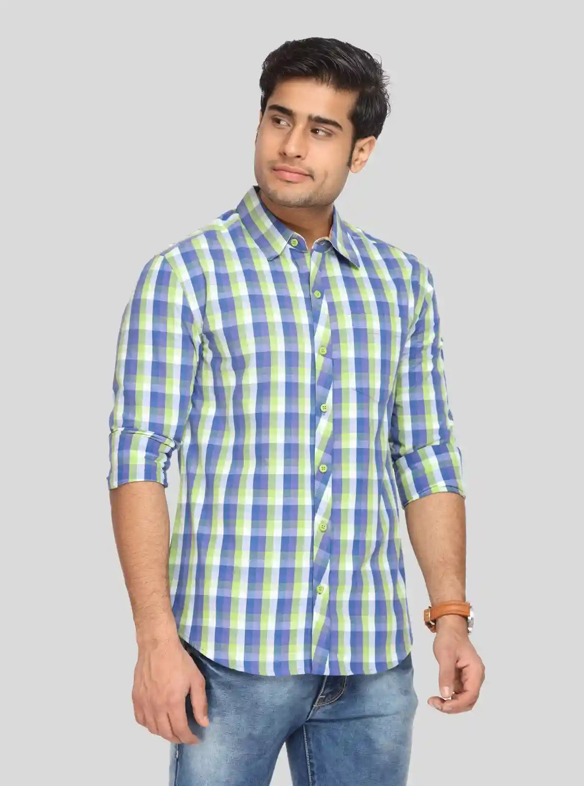 Men’s Green and Blue Checked Slim Fit Full Sleeve Shirt – Stylish Smart Casual by Boer & Fitch | Buy Online at  Boer and Fitch