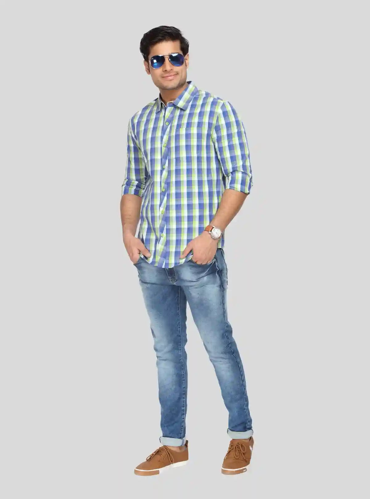 Men’s Green and Blue Checked Slim Fit Full Sleeve Shirt – Stylish Smart Casual by Boer & Fitch | Buy Online at  Boer and Fitch