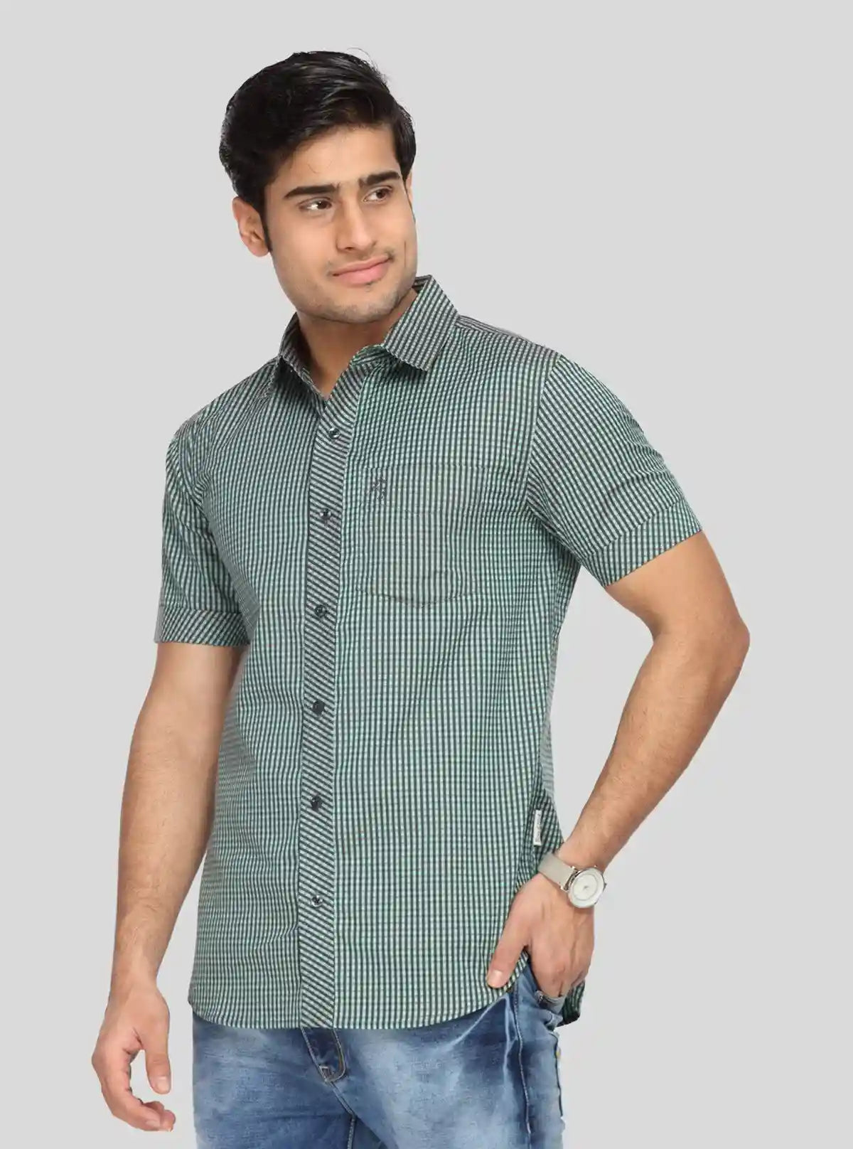 Men's Olive Green Fine Checked Half Sleeve Shirt – Smart, Cool & Versatile | Buy Online at  Boer and Fitch