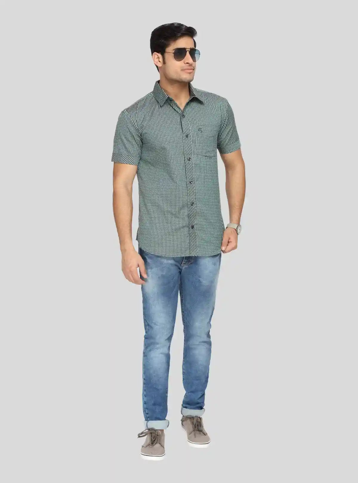 Men's Olive Green Fine Checked Half Sleeve Shirt – Smart, Cool & Versatile | Buy Online at gep32c-qs.myshopify.com