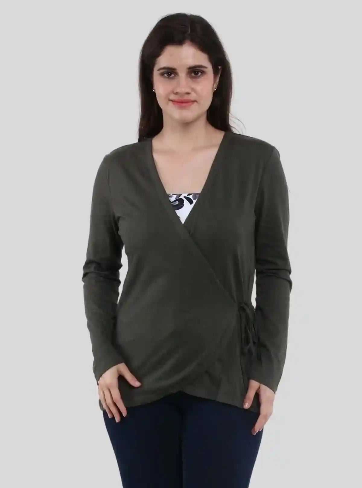 Women's Dark Green Front Knot Shrug in 100% Cotton Feather Touch Fabric | Buy Online at  Boer and Fitch