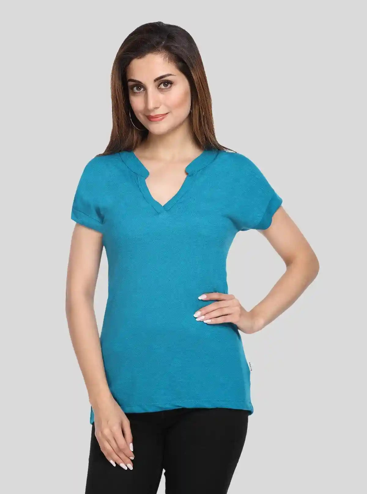 Women’s Teal Self-Collared Short Sleeve Cotton Elastane Top | Boer & Fitch | Buy Online at  Boer and Fitch