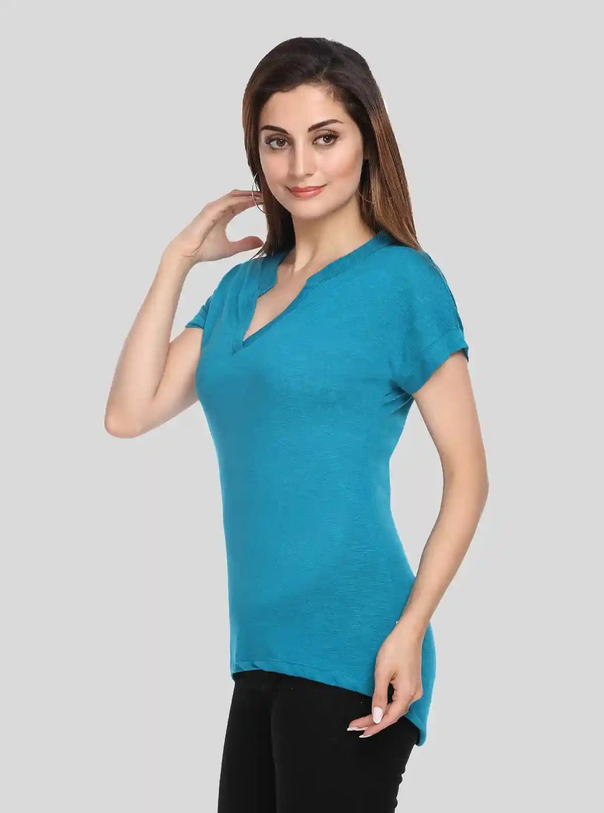 Women’s Teal Self-Collared Short Sleeve Cotton Elastane Top | Boer & Fitch | Buy Online at  Boer and Fitch
