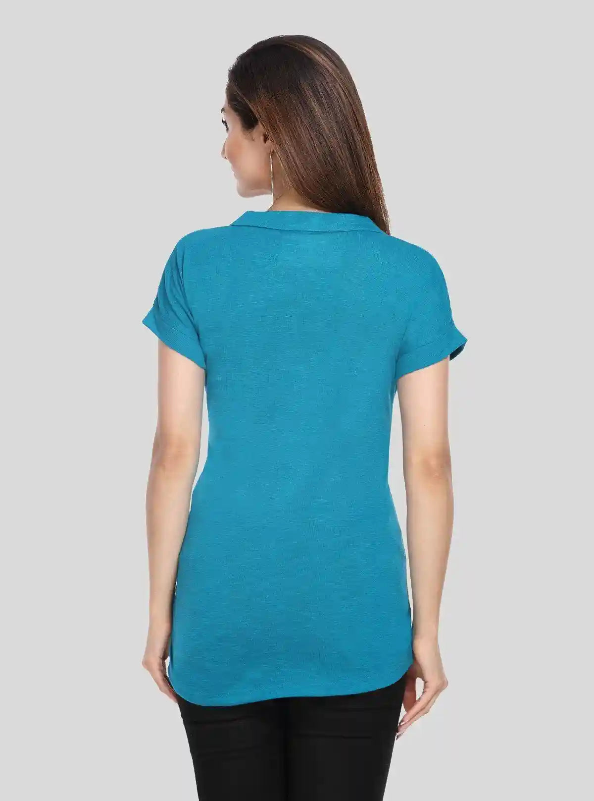 Women’s Teal Self-Collared Short Sleeve Cotton Elastane Top | Boer & Fitch | Buy Online at  Boer and Fitch