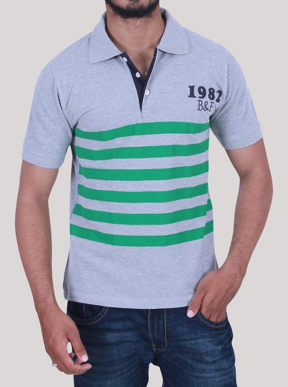 Green Striped Grey Polo T-Shirt for Men – Casual Cotton Tee by Boer and Fitch - Boer and Fitch