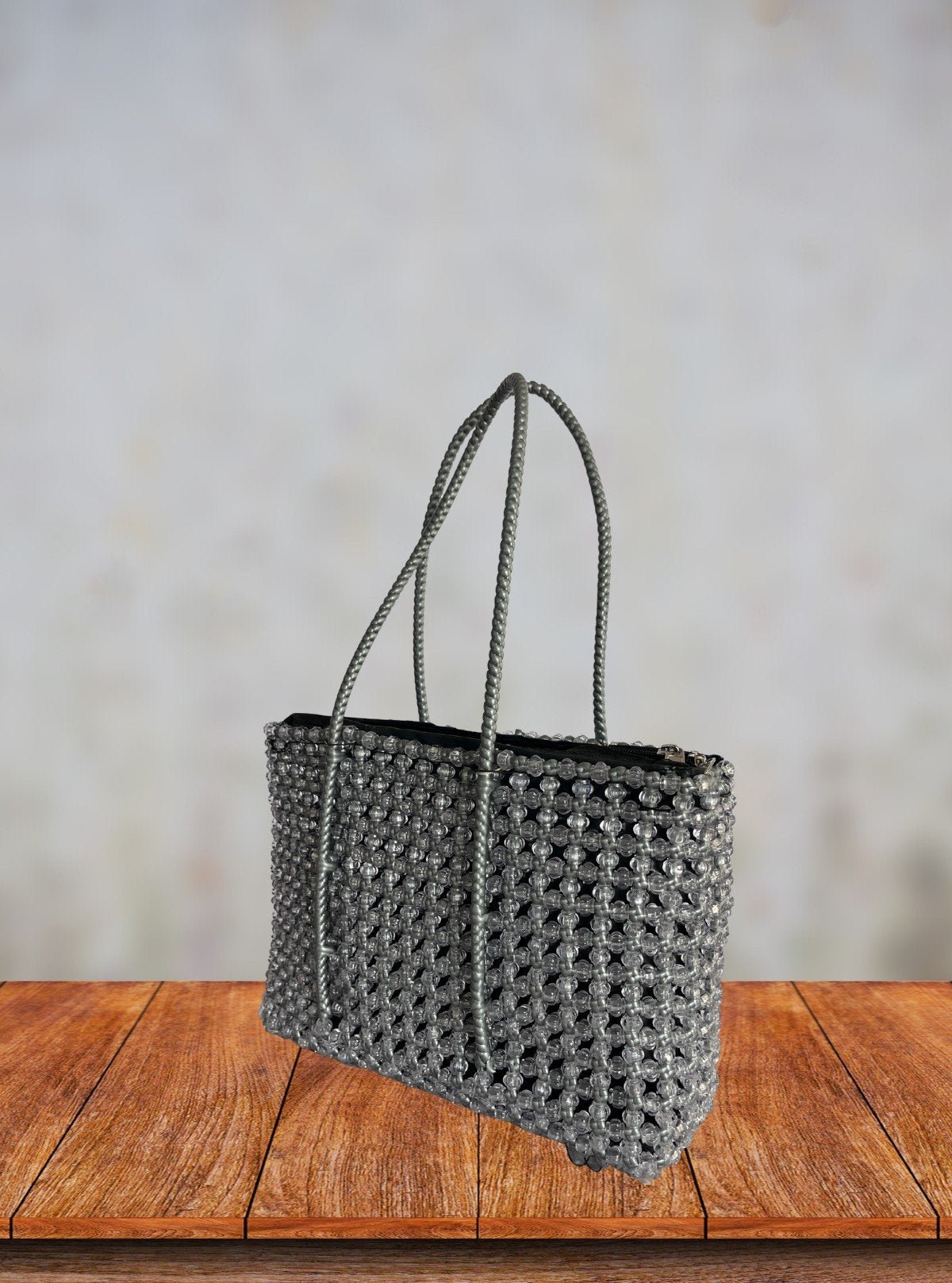 Grey Handmade Beaded Tote Bag with Zip – Stylish & Durable Accessory - Boer and Fitch