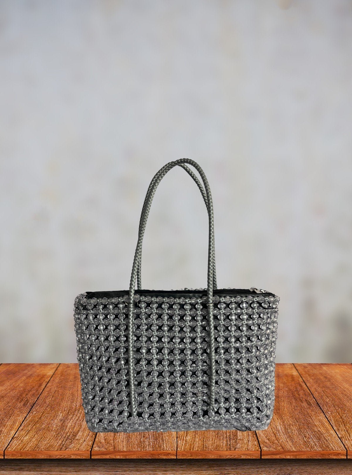 Grey Handmade Beaded Tote Bag with Zip – Stylish & Durable Accessory - Boer and Fitch