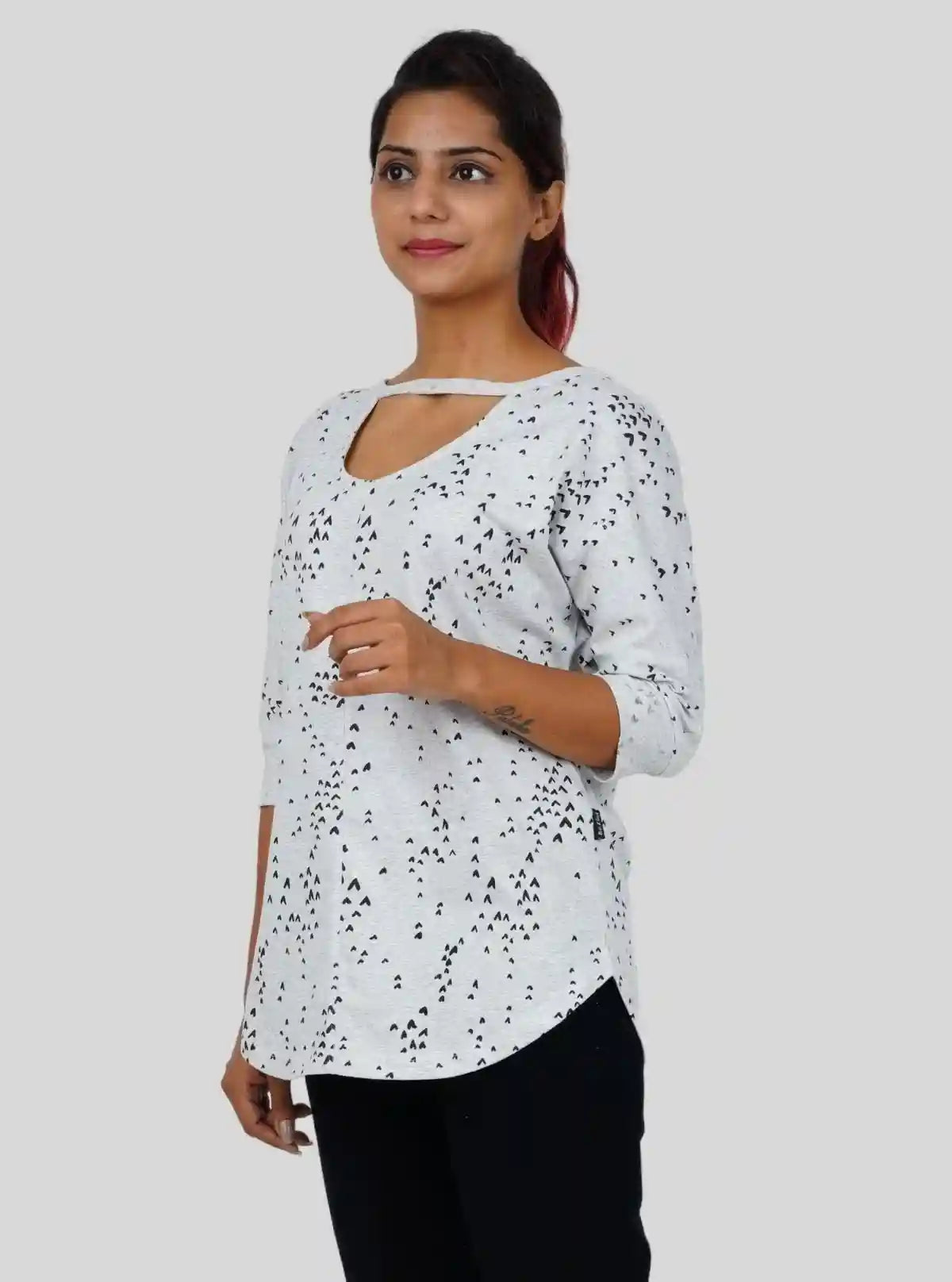 Women's Light Grey Heart Print T-Shirt with Neck Strap – 3/4 Sleeve | Buy Online at  Boer and Fitch
