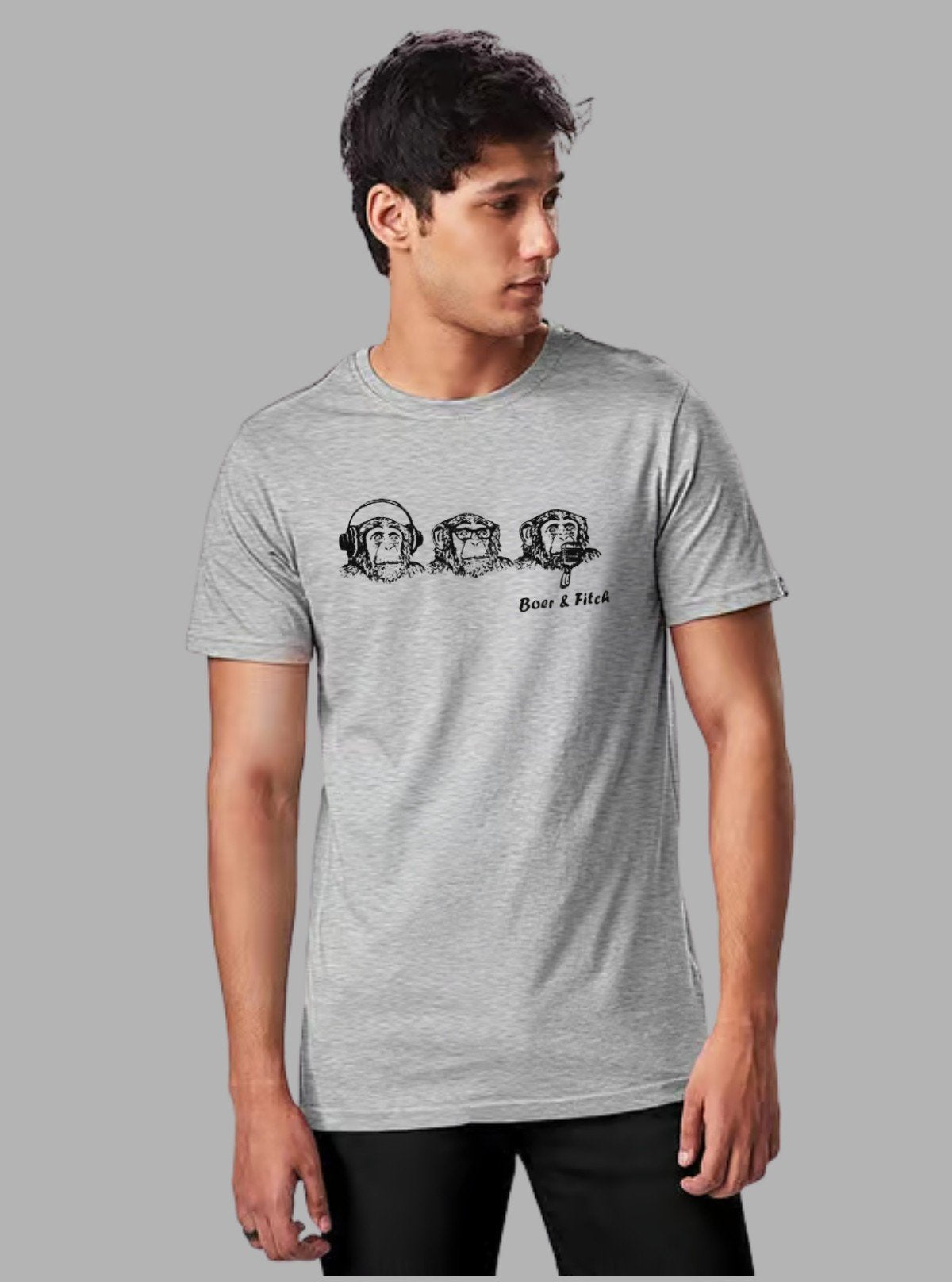 Grey Melange Monkey Print T-Shirt for Men – Casual & Stylish by Boer and Fitch - Boer and Fitch
