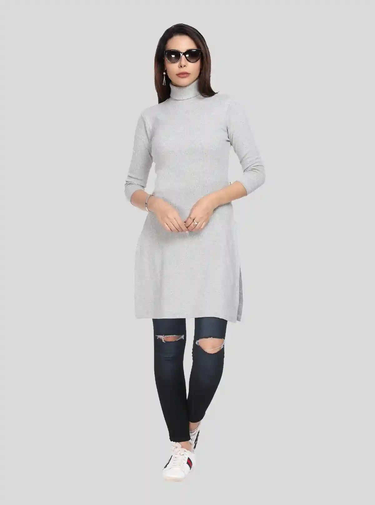 Women's Grey Melange High Neck Ribbed Cotton Stretch Long Sleeve Dress | Buy Online at  Boer and Fitch