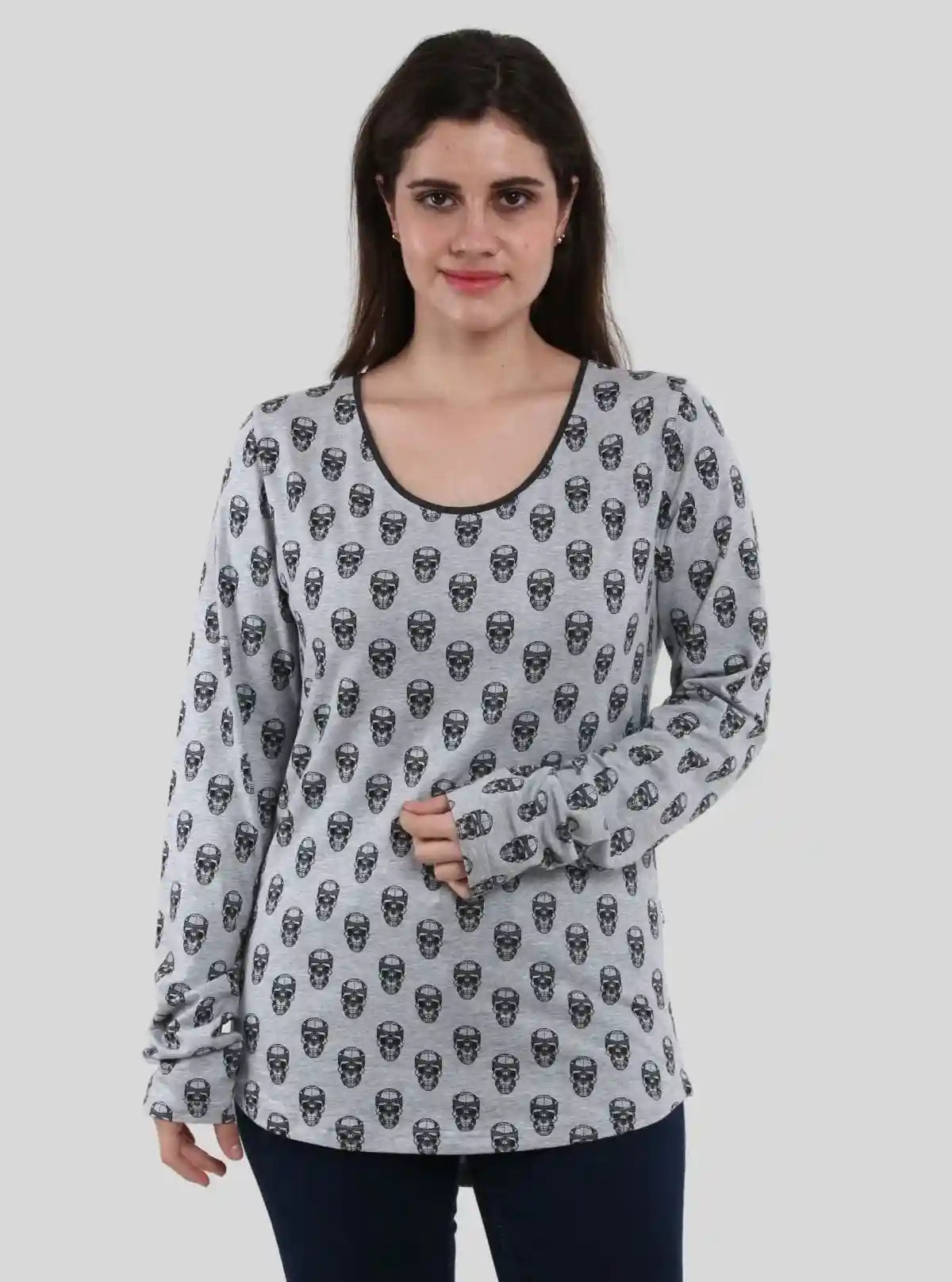 Women's Grey Melange Skull Print Long Sleeve Cotton Blend Knit Top | Buy Online at  Boer and Fitch