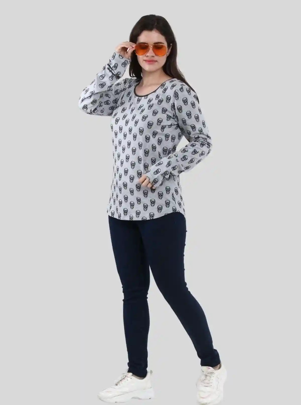 Women's Grey Melange Skull Print Long Sleeve Cotton Blend Knit Top | Buy Online at  Boer and Fitch