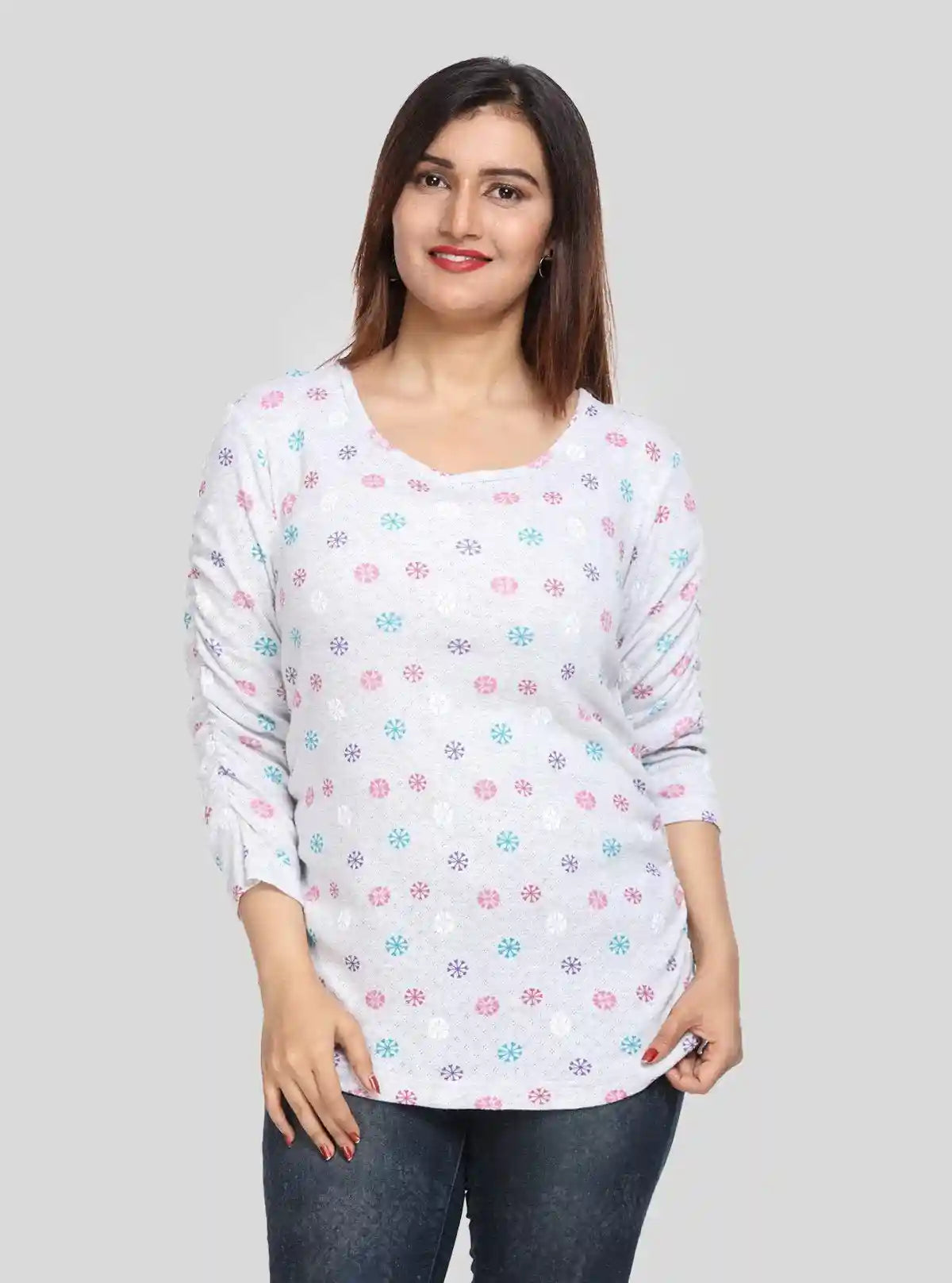 Women's White Melange Scoop Neck Printed Rib Knit Top with Pleated Sleeves | Buy Online at  Boer and Fitch