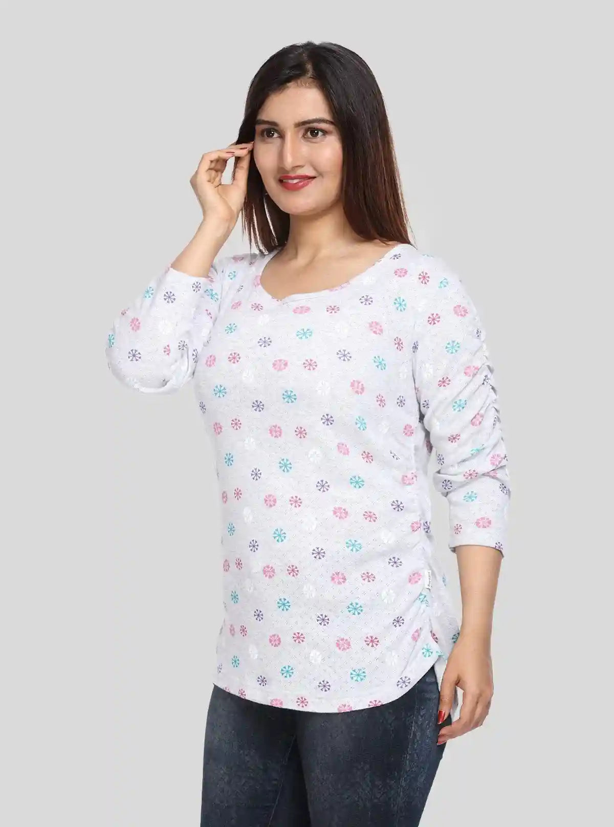 Women's White Melange Scoop Neck Printed Rib Knit Top with Pleated Sleeves | Buy Online at  Boer and Fitch