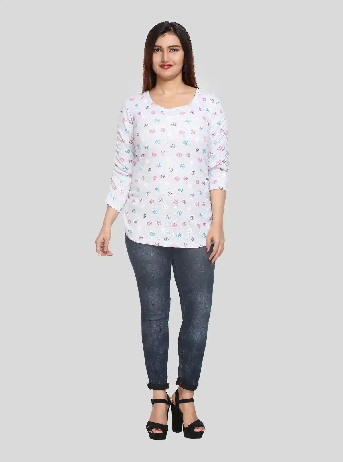 Women's White Melange Scoop Neck Printed Rib Knit Top with Pleated Sleeves | Buy Online at  Boer and Fitch