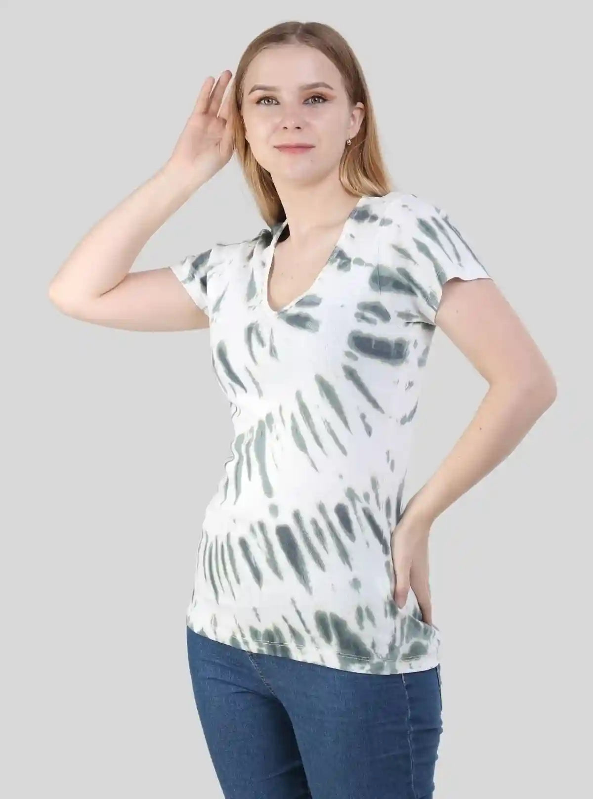 Women’s Light Grey Tie and Dye V-Neck Short Sleeve Cotton Jersey T-Shirt by Boer and Fitch from Boer and Fitch | Buy Online at gep32c-qs.myshopify.com