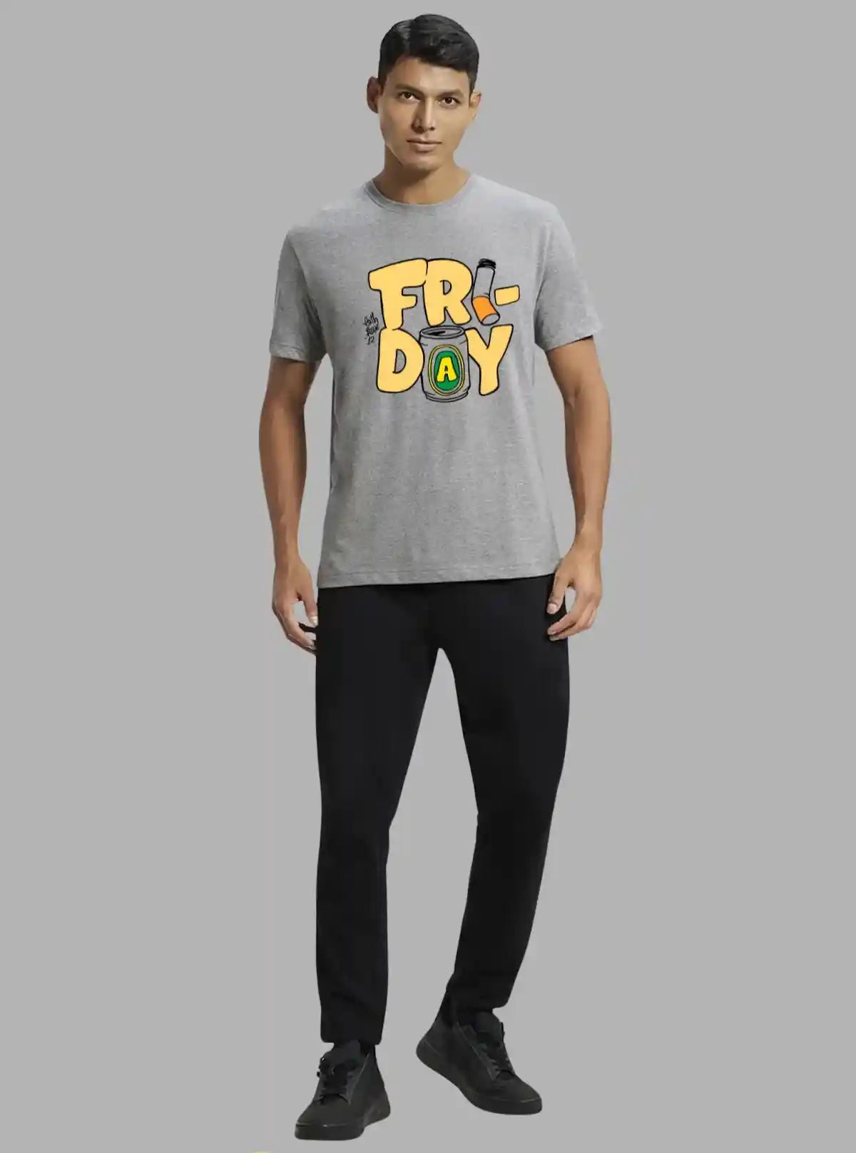 Men's Grey Melange Printed T-Shirt – Modern Graphic Tee in Soft Cotton