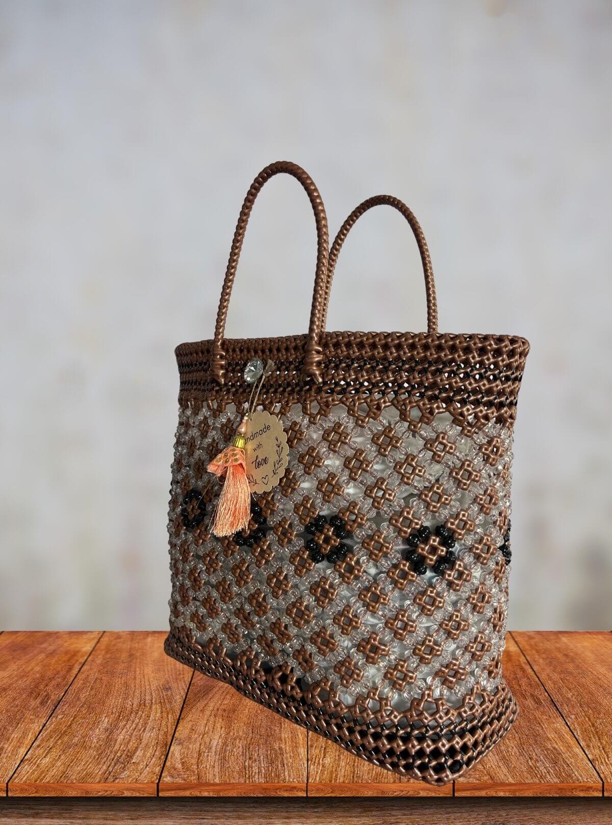 Handmade Brown & Transparent Beaded Tote Bag with Woven Handles and Tassel - Boer and Fitch