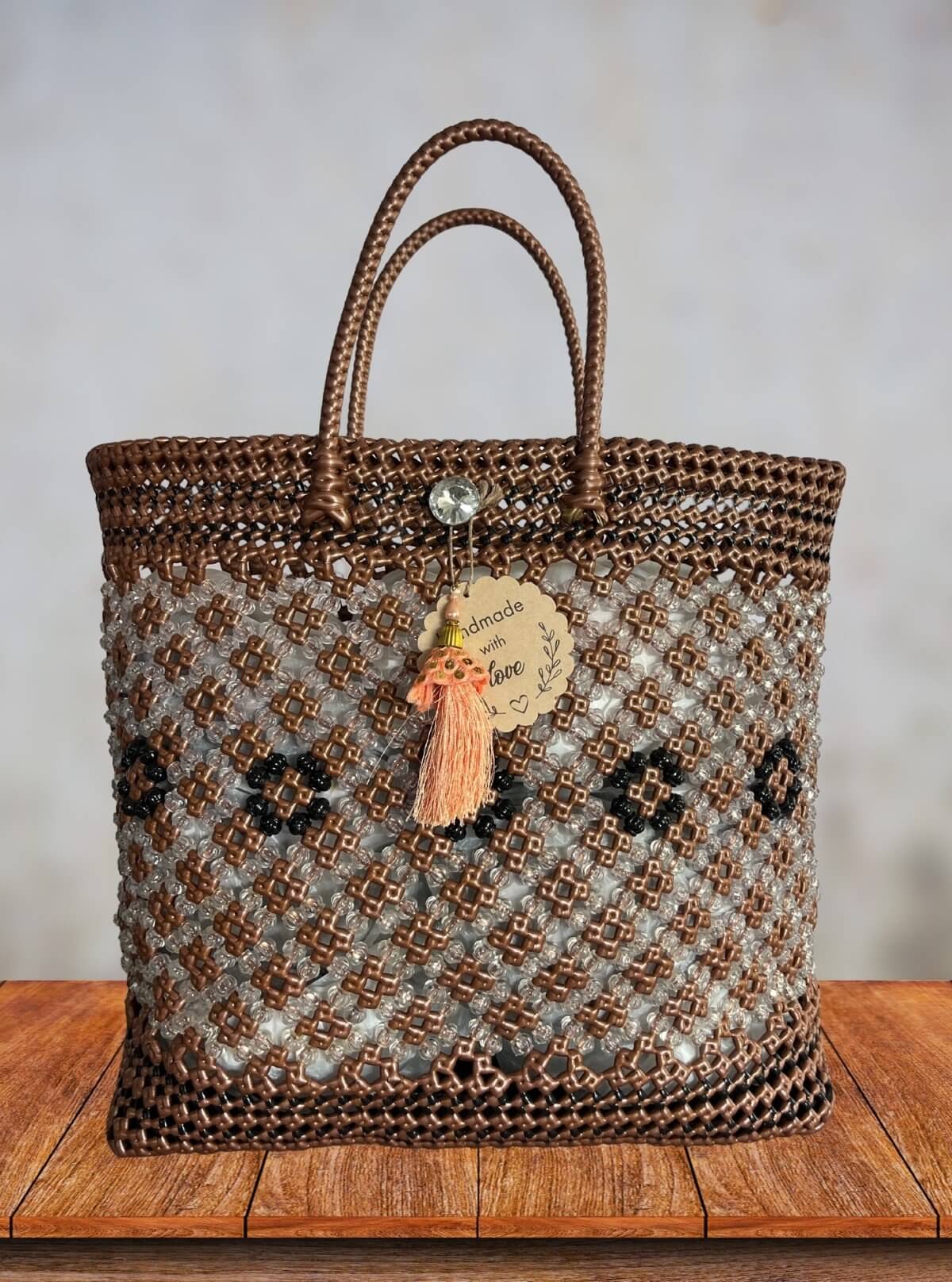 Handmade Brown & Transparent Beaded Tote Bag with Woven Handles and Tassel - Boer and Fitch