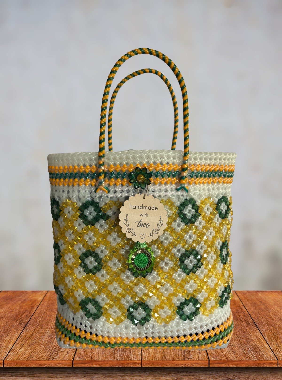 Handmade Green & Yellow Beaded Tote Bag with Dual Handles and Floral Design - Boer and Fitch