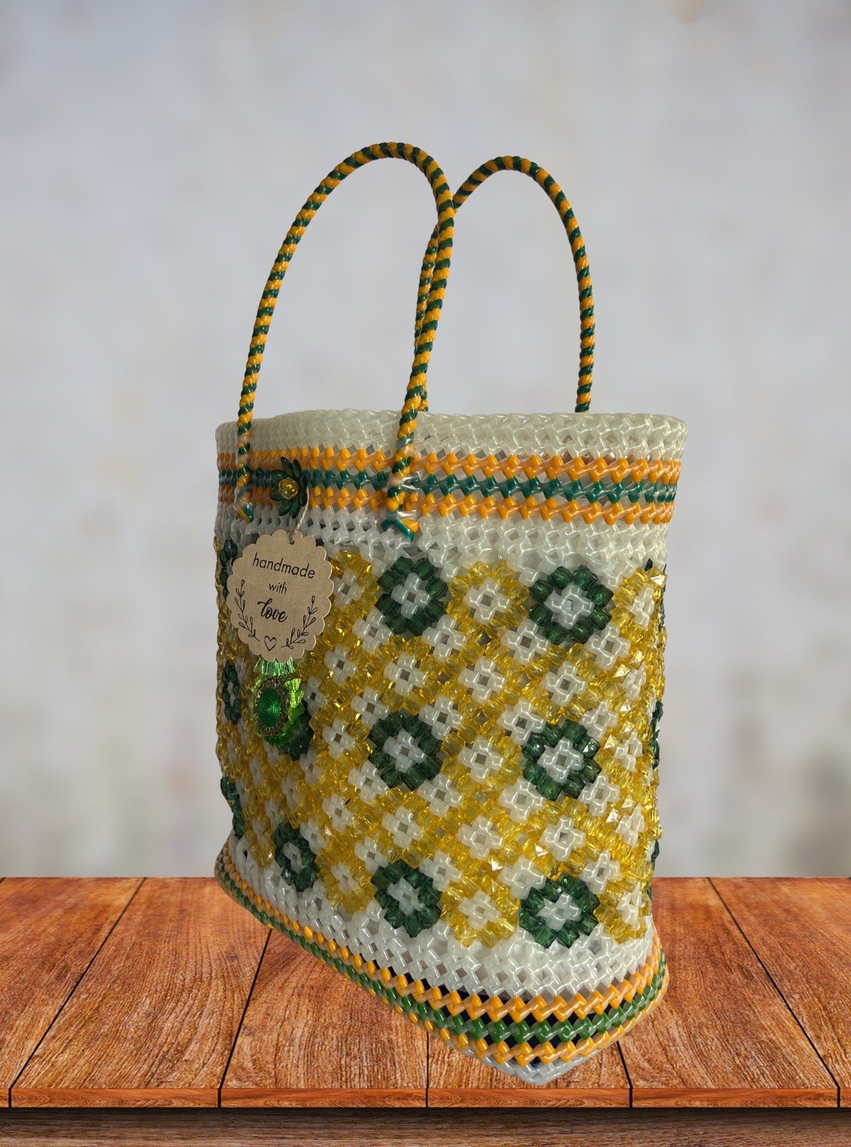 Handmade Green & Yellow Beaded Tote Bag with Dual Handles and Floral Design - Boer and Fitch