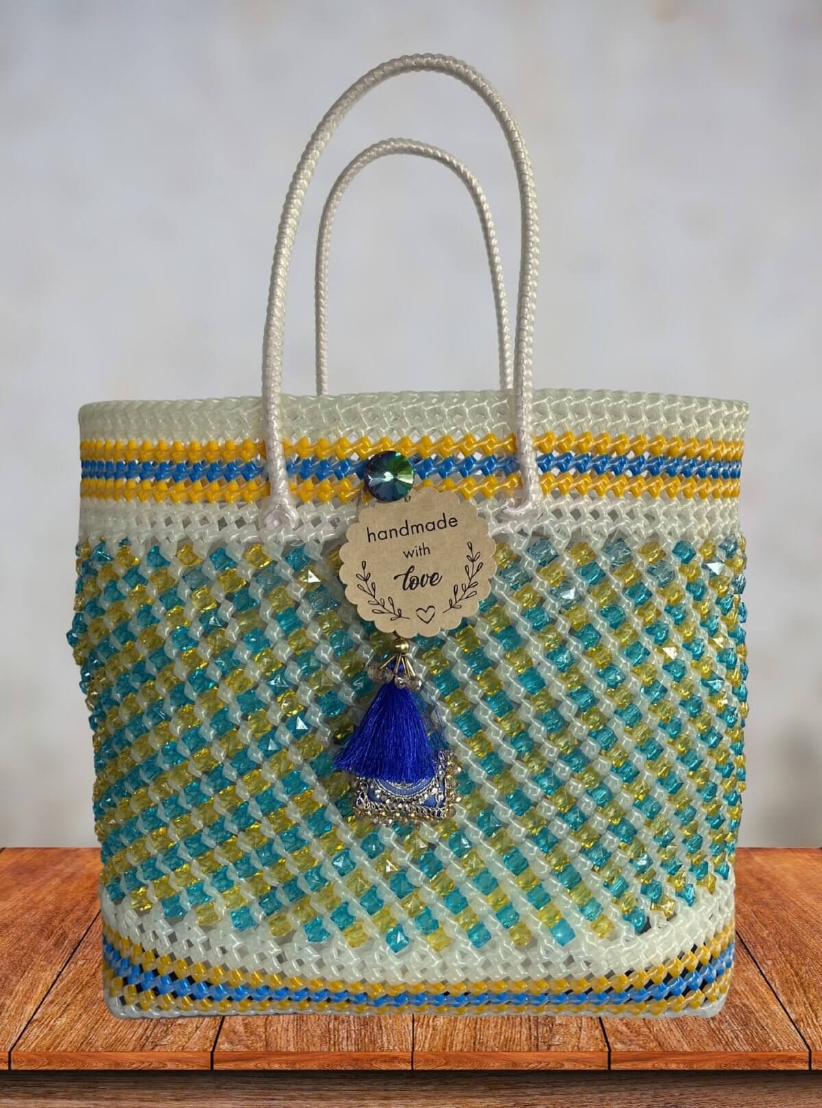 Handmade Multicolor Beaded Tote Bag with White Handles & Tassel Charm - Boer and Fitch