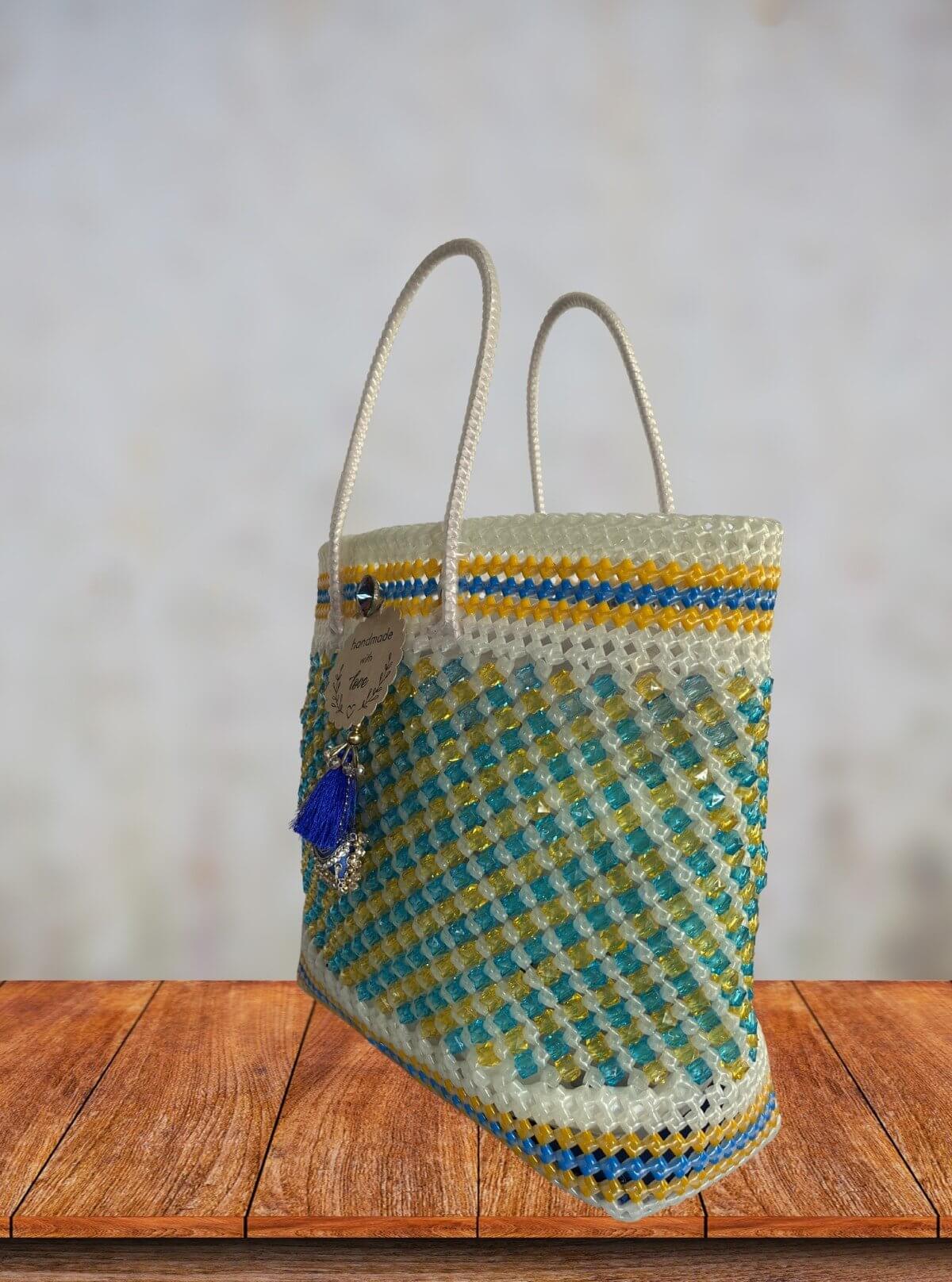 Handmade Multicolor Beaded Tote Bag with White Handles & Tassel Charm - Boer and Fitch