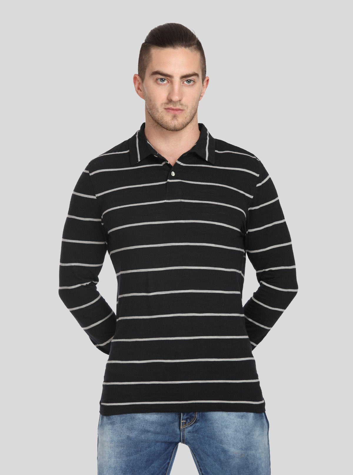 Men’s Black Striped Full Sleeve Polo T-Shirt – Sleek & Refined Style - Boer and Fitch