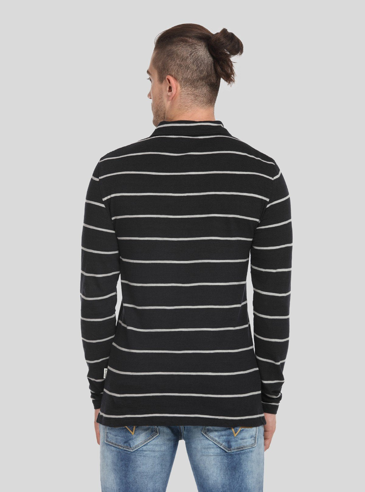 Men’s Black Striped Full Sleeve Polo T-Shirt – Sleek & Refined Style - Boer and Fitch
