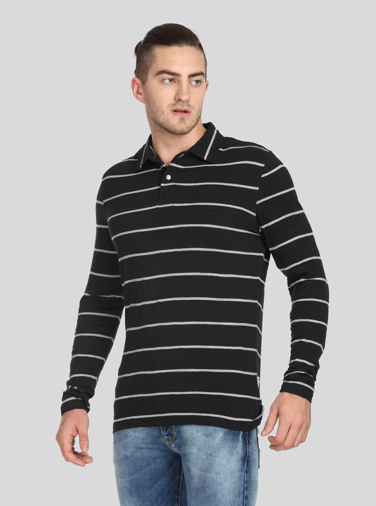 Men’s Black Striped Full Sleeve Polo T-Shirt – Sleek & Refined Style - Boer and Fitch