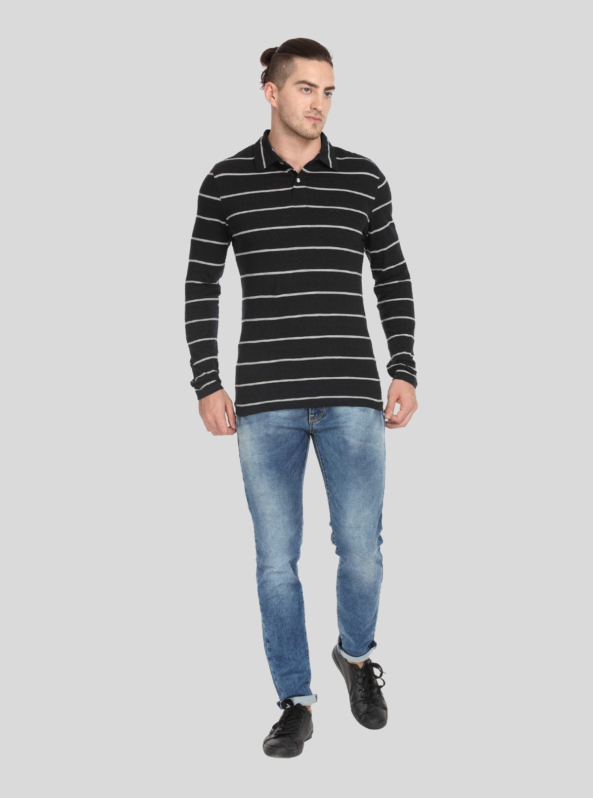 Men’s Black Striped Full Sleeve Polo T-Shirt – Sleek & Refined Style - Boer and Fitch