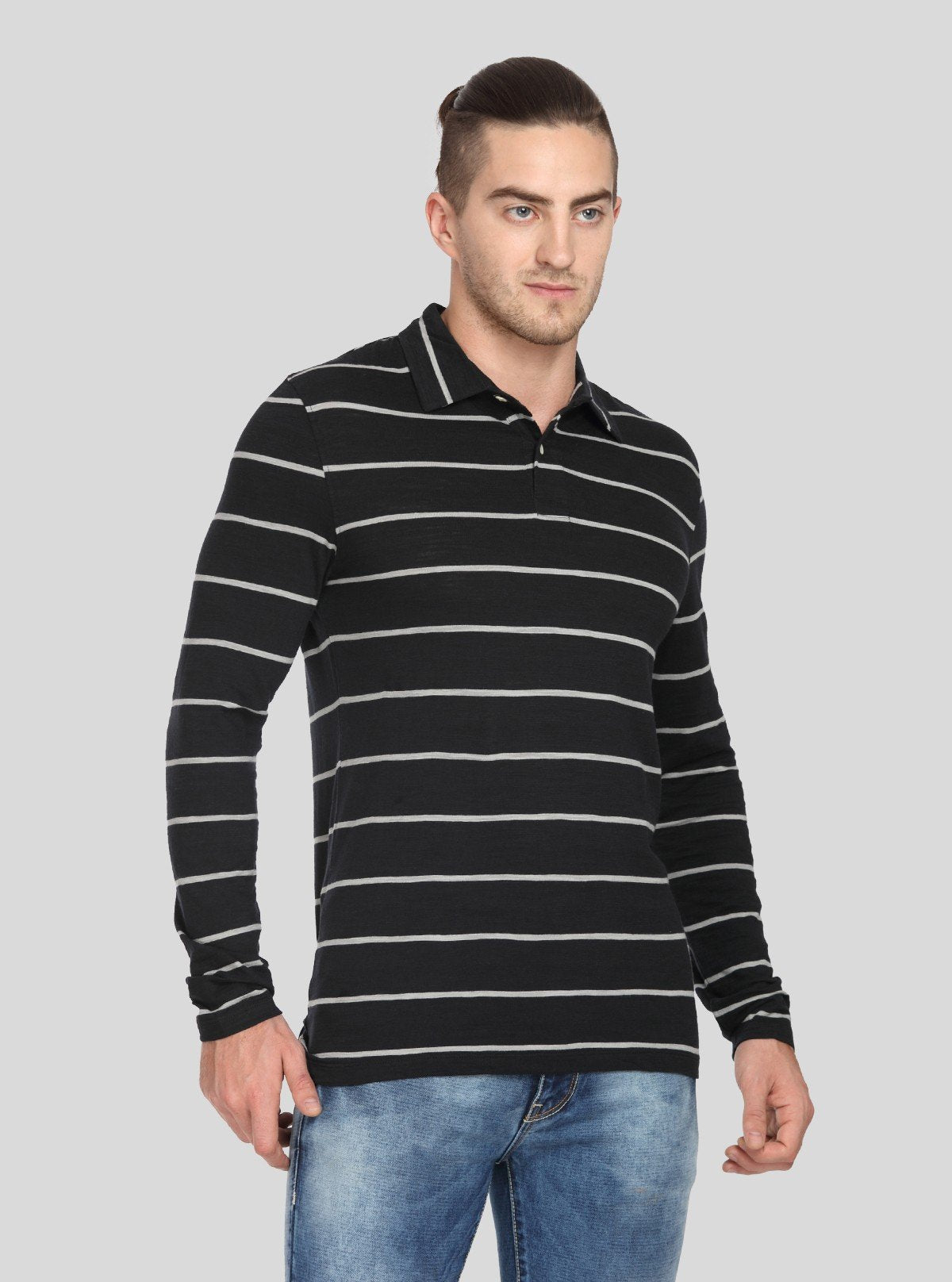 Men’s Black Striped Full Sleeve Polo T-Shirt – Sleek & Refined Style - Boer and Fitch