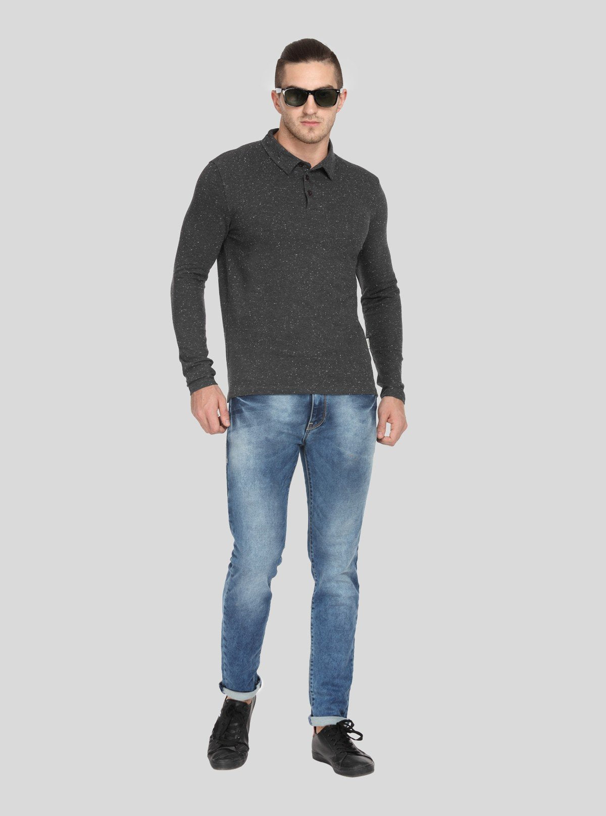 Men’s Black Textured Long Sleeve Polo T-Shirt – Premium Comfort & Style - Boer and Fitch