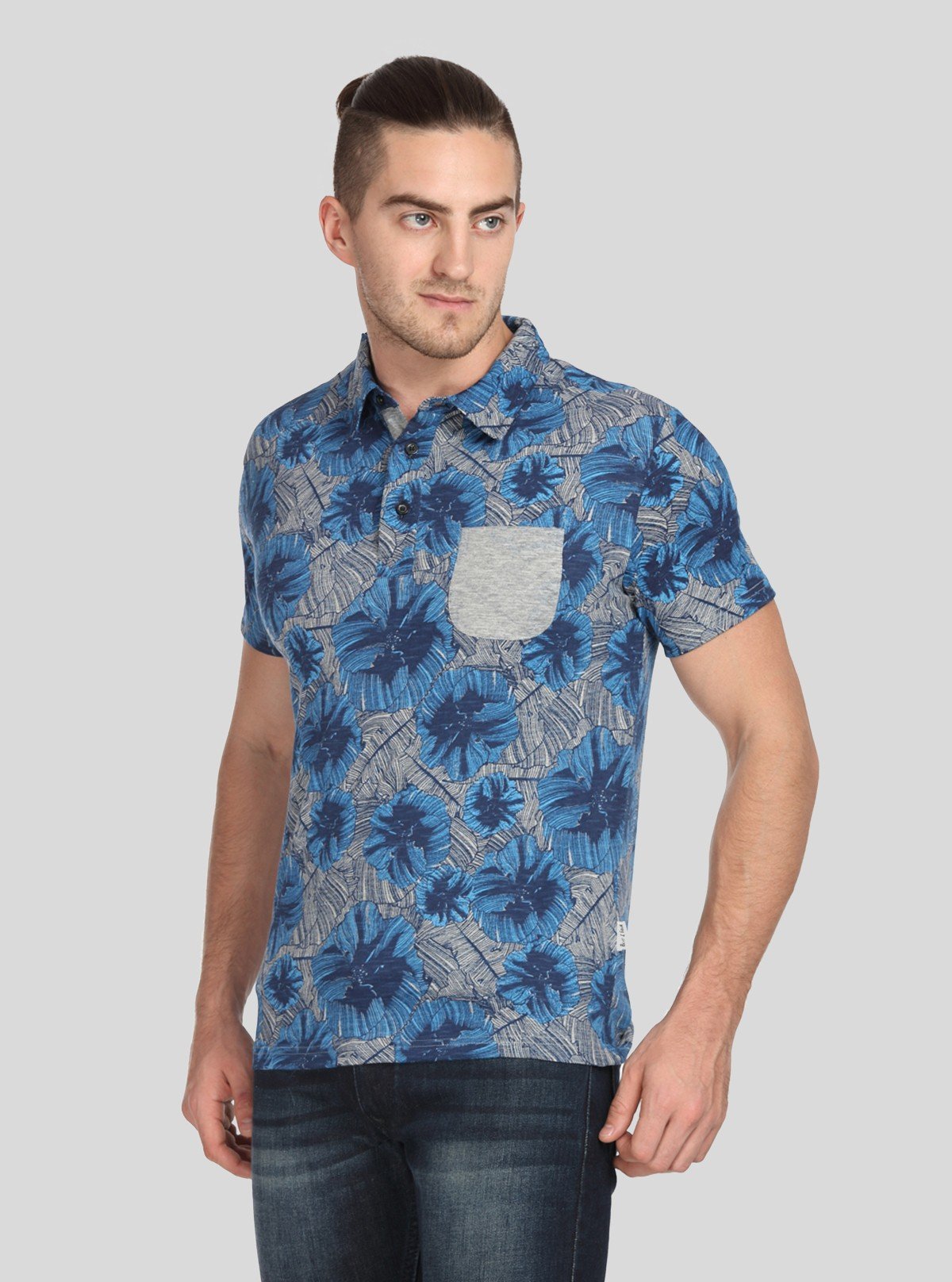 Men’s Blue Abstract Print Polo T-Shirt with Patch Pocket – Artistic & Modern Fit - Boer and Fitch